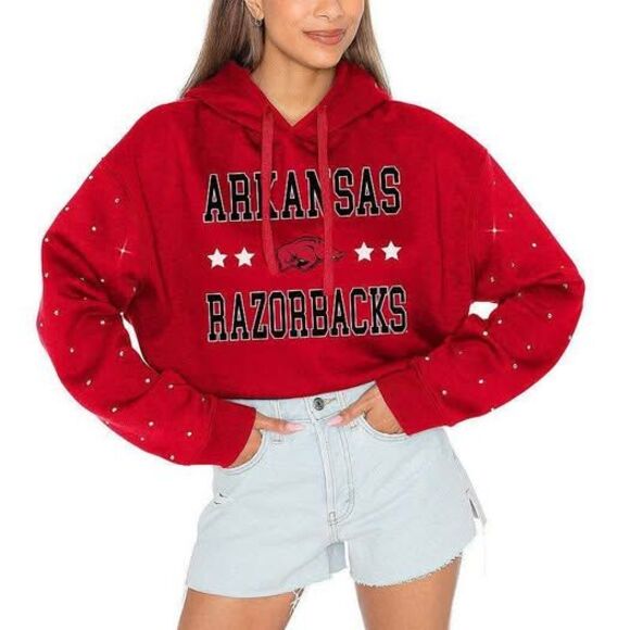 NWT Arkansas Razorbacks Rhinestone Cropped Pullover Hoodie Size Medium - Picture 1 of 7